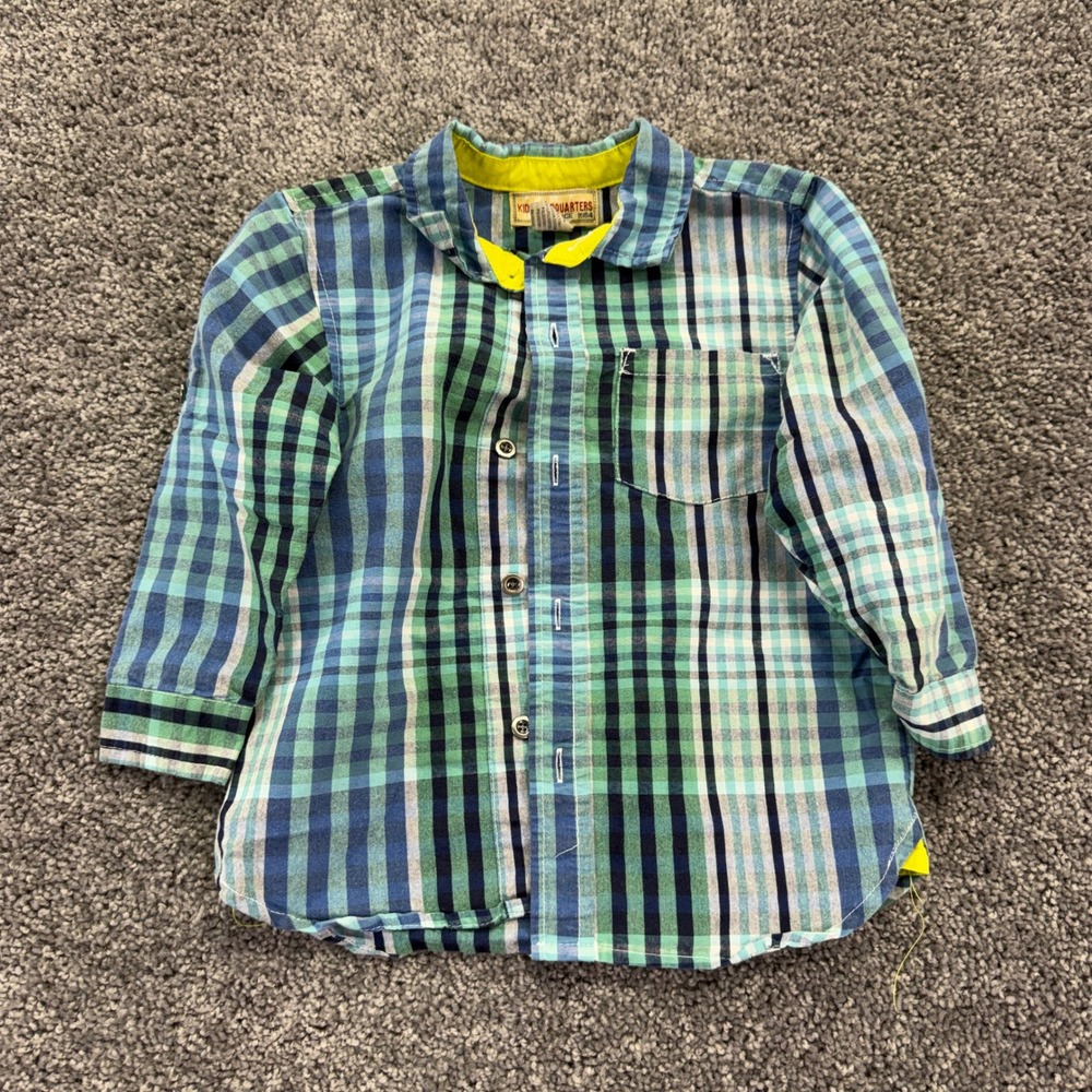 Kids Headquarters Button Down Shirt Boys 3T Blue Green Plaid Long Sleeve Cotton